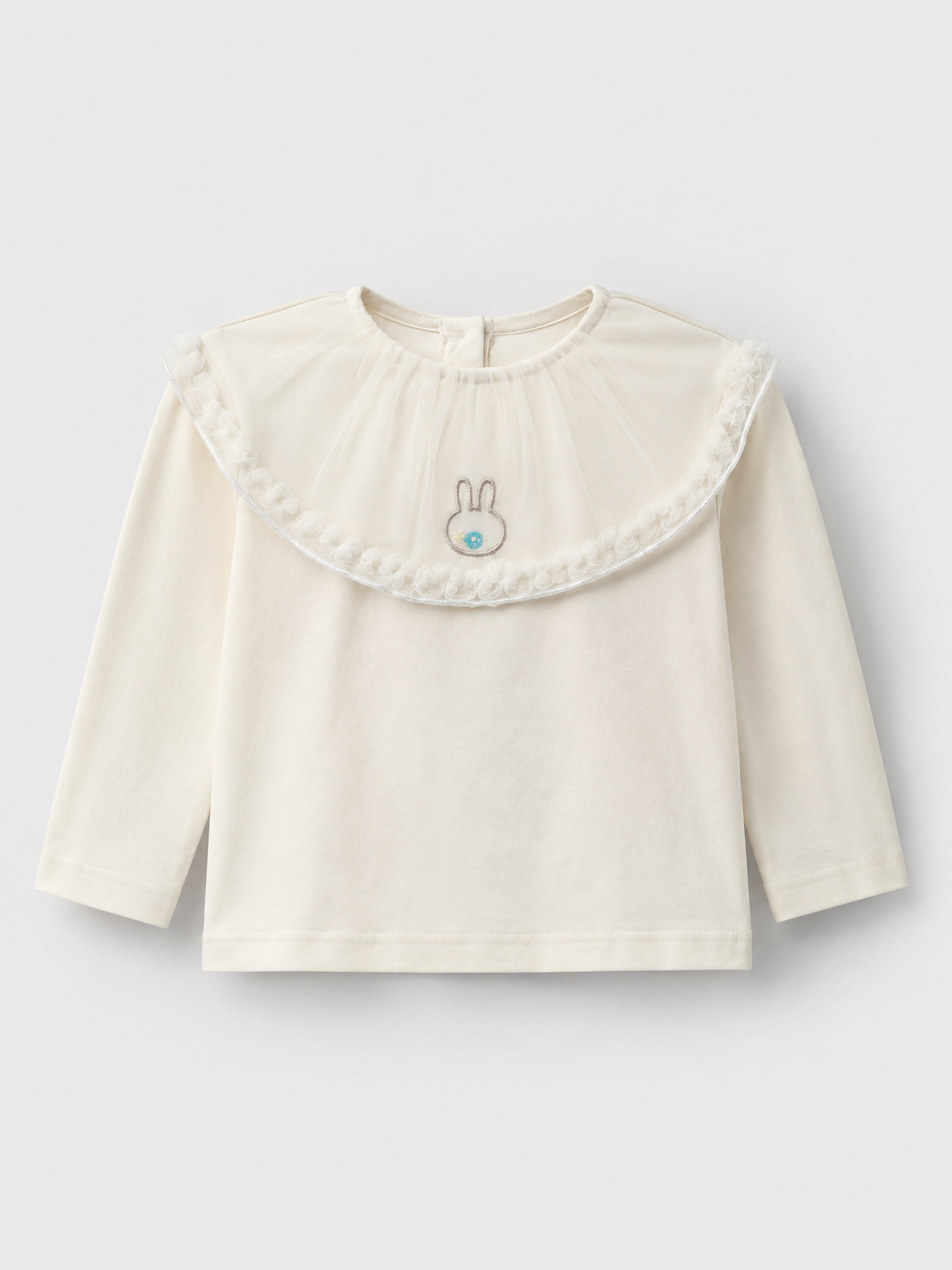 Long-sleeved Ruffled Peter Pan Collar Embroidered Bunny T-Shirt Cream