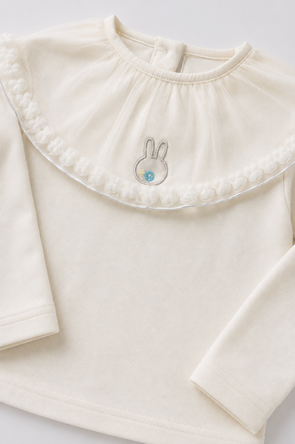 Long-sleeved Ruffled Peter Pan Collar Embroidered Bunny T-Shirt Cream