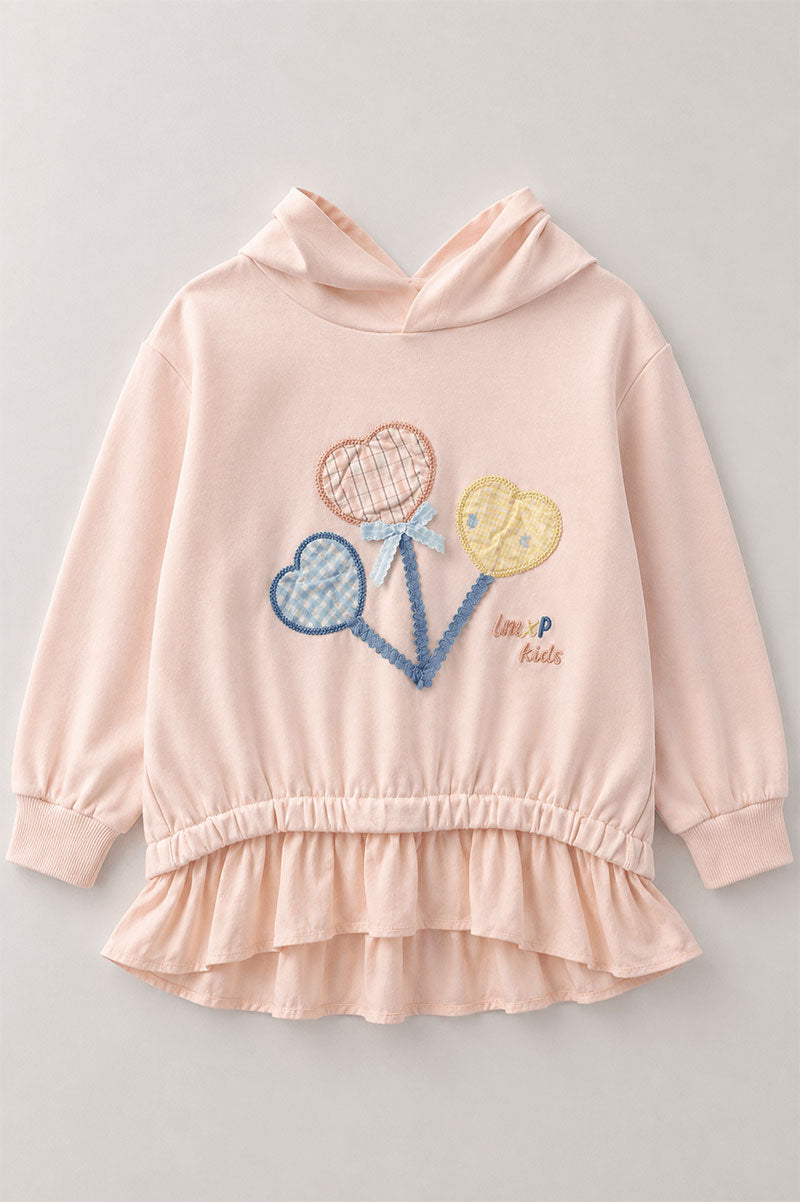 Light Pink Hooded Sweatshirt Embroidered Floral Appliques - Suviara Little - Photo 5