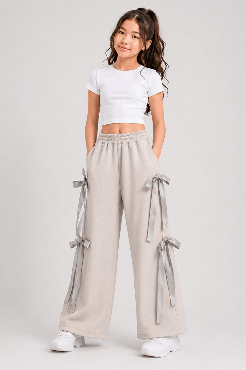 Bow Detail Striped Co-Ord Set Sweatshirt and Wide Pants - Suviara Little