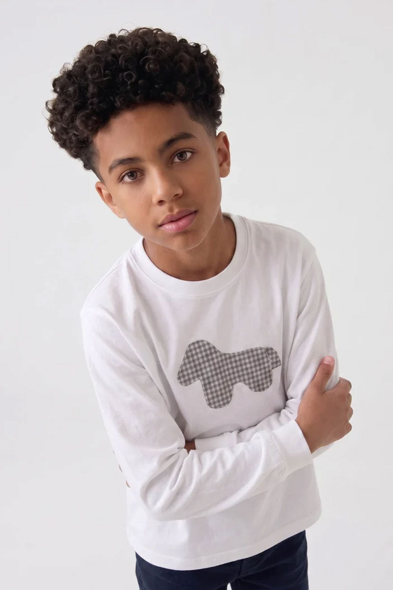 Boys' Long-Sleeve White Gingham Patch T-Shirt - Suviara Little