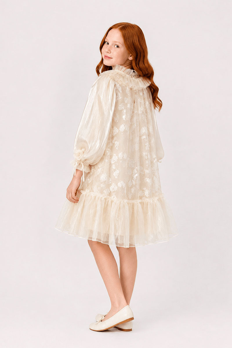 Ruffle Collar Girls Party Dress with White Beau Mesh Floral Lace - Suviara Little