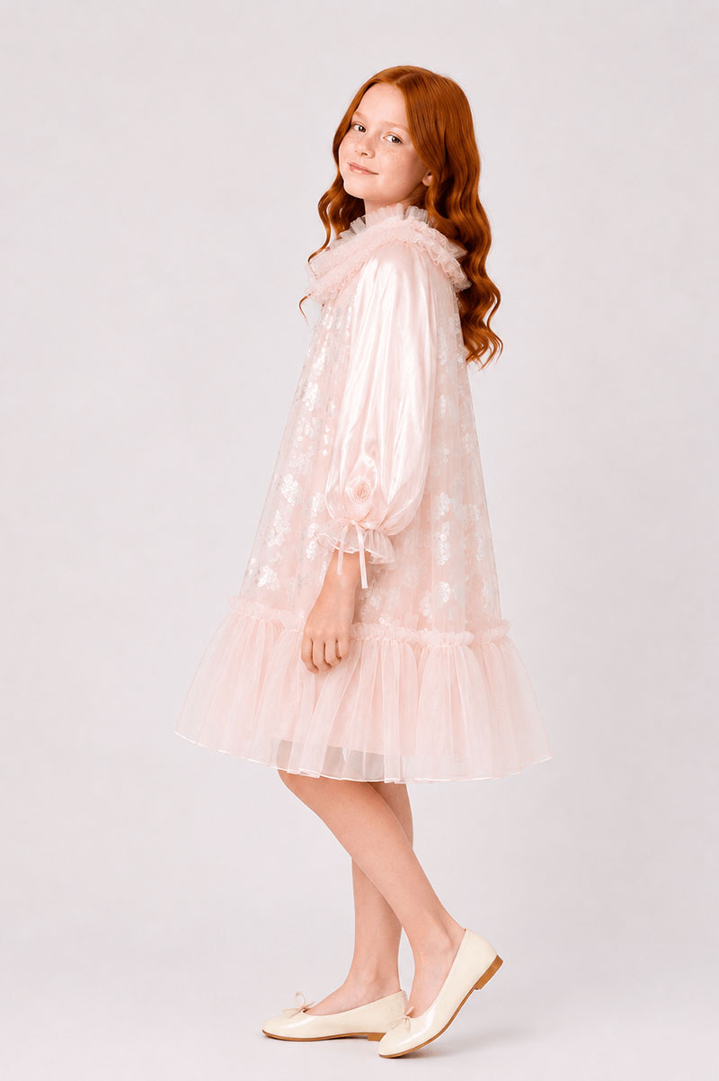 Ruffle Collar Pink Beau Mesh Floral Lace Party Dress - Suviara Little - Photo 6