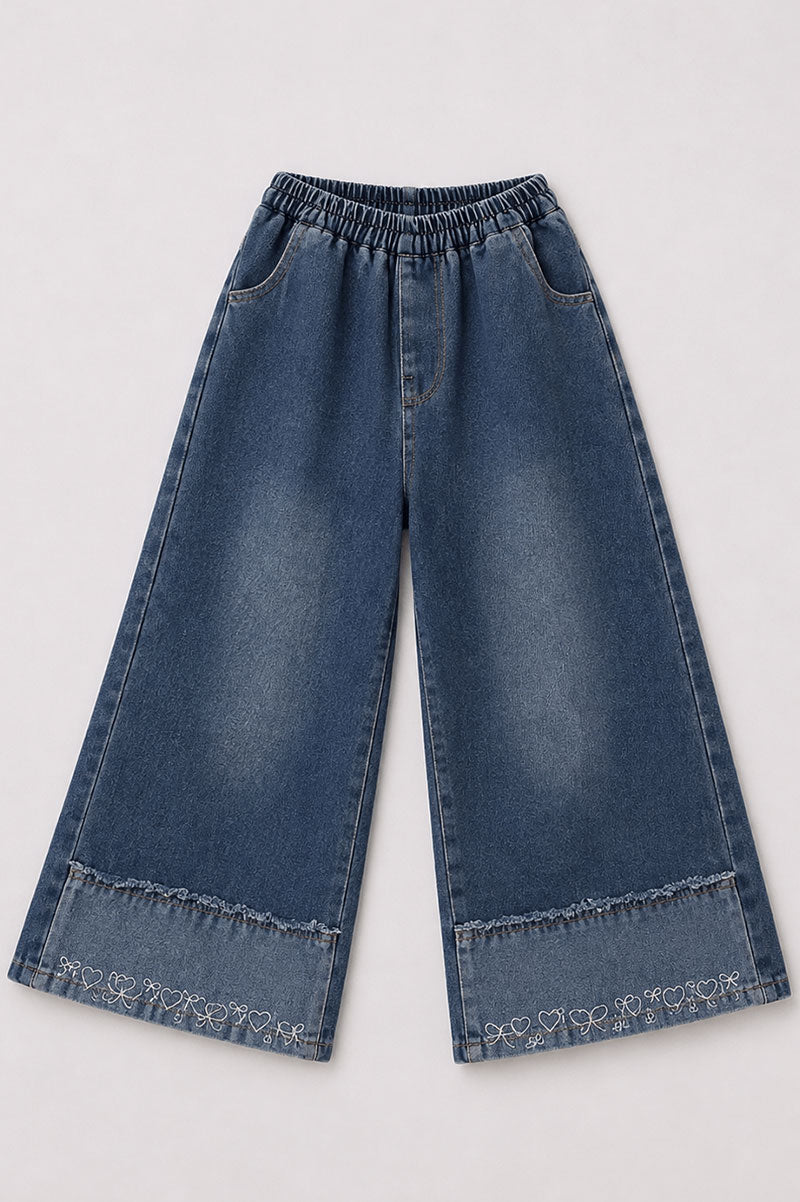 Girls Korean Style Embroidered Wide Leg Denim Jeans - Suviara Little - Photo 5