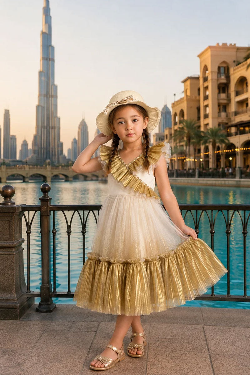 Girls Gold Bow Tulle Party Dress - Suviara Little