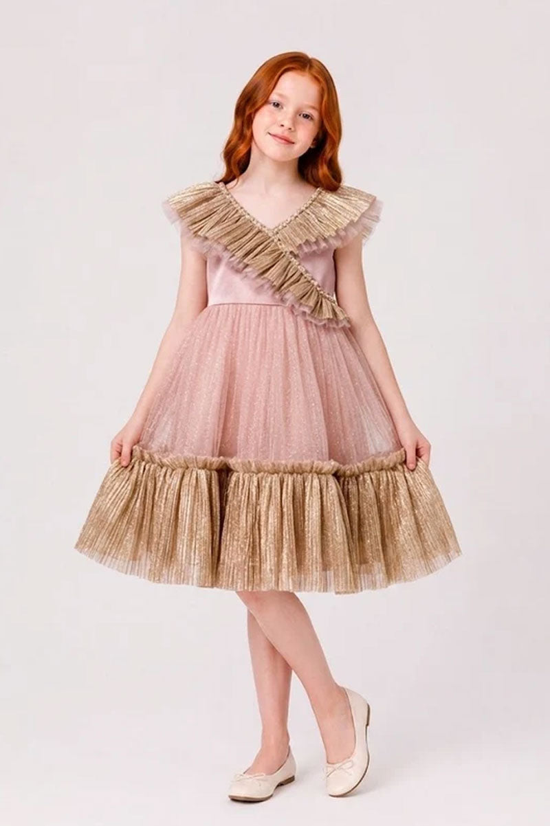 Girls Gold Bow Tulle Party Dress Pink - Suviara Little