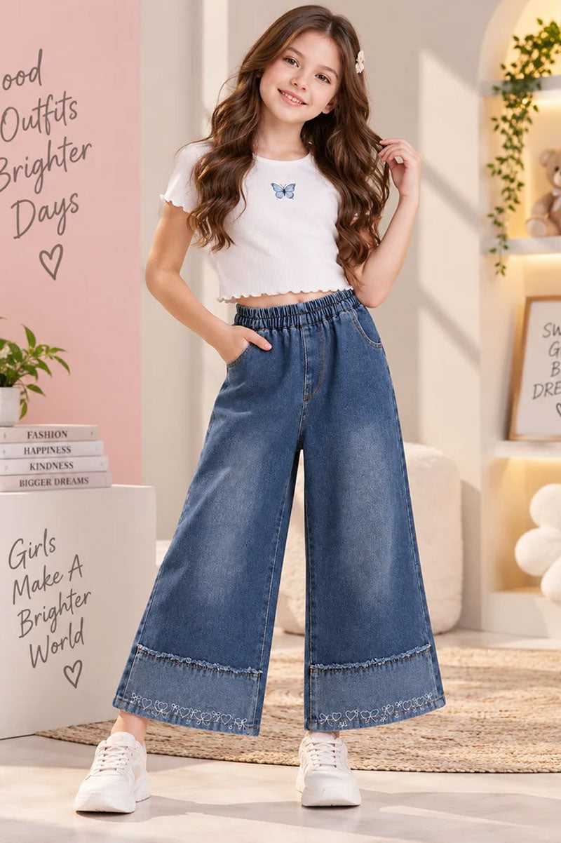 Girls Korean Style Embroidered Wide Leg Denim Jeans - Suviara Little