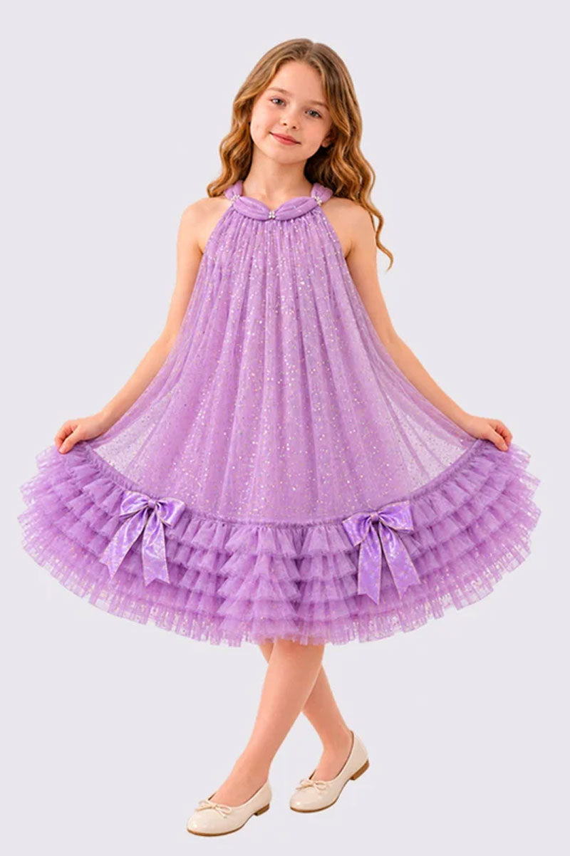 Girls Party Dress with Bow Tie Sleeveless Ruffle Hem Mesh Style - Suviara Little