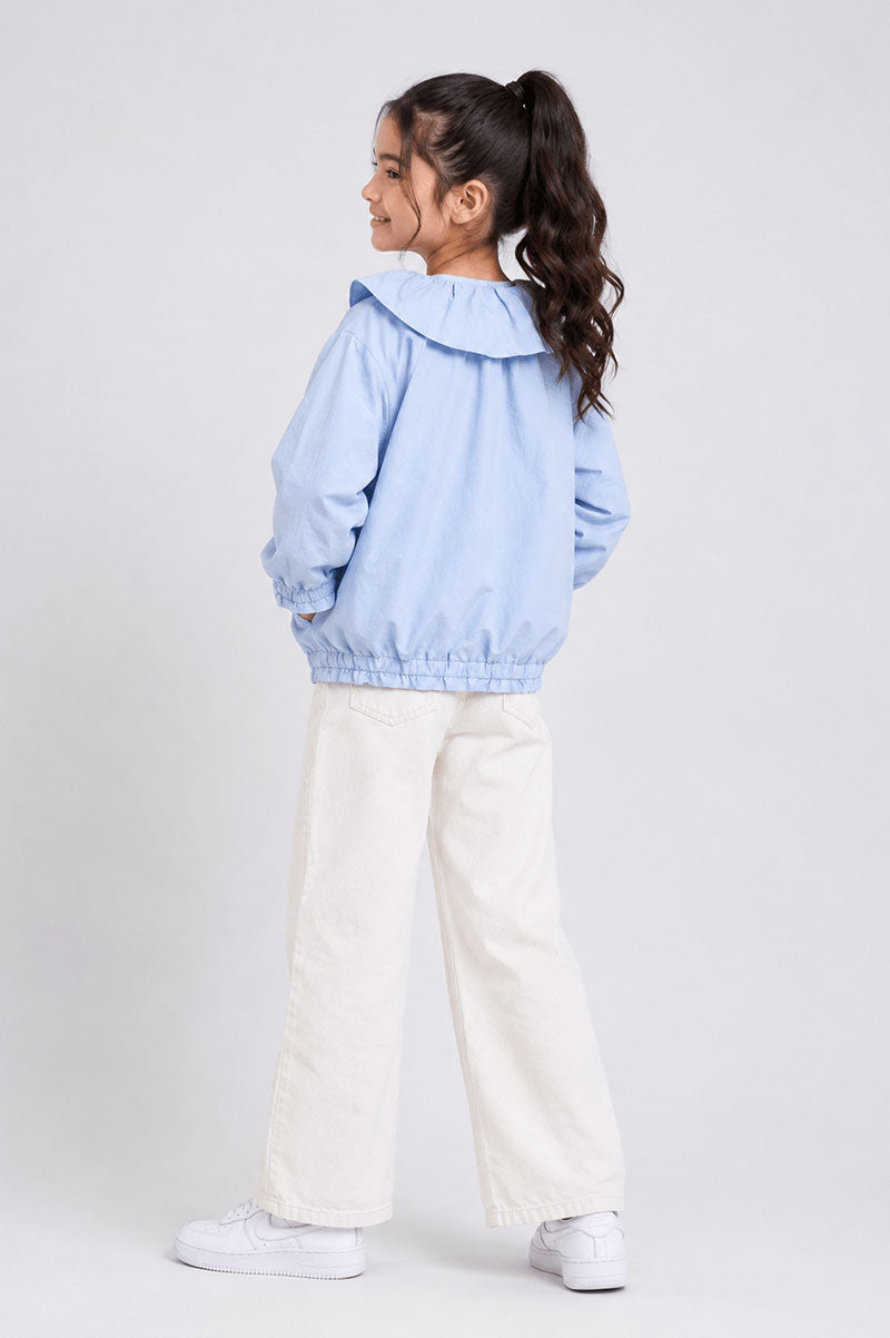 Embroidered Adorable Girls Ruffle Collar Cotton Zip Jacket - Suviara Little