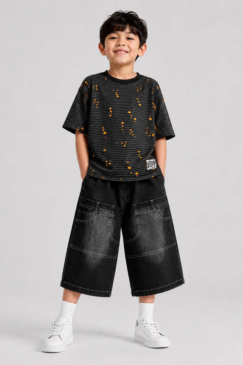 Micro-Stripe Crewneck Short Sleeve T-Shirt with Orange Splatter Pattern - Suviara Little