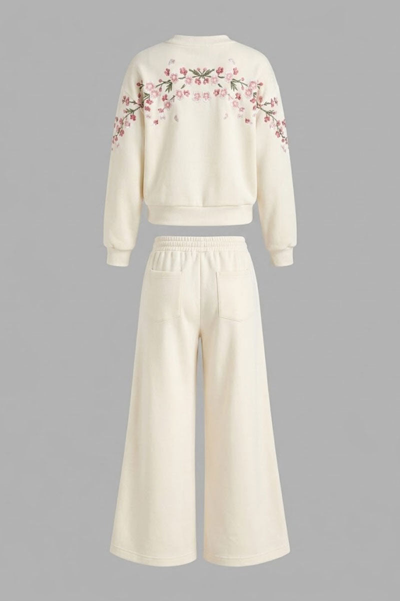 Sakura Embroidery Flower Sweatshirt Wide-Leg Sweatpants - Suviara Little