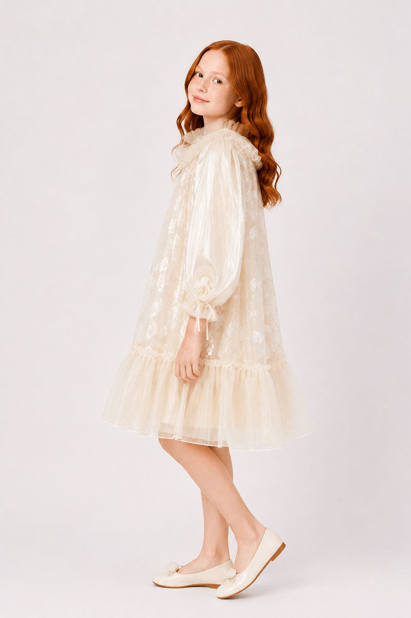 Ruffle Collar Girls Party Dress with White Beau Mesh Floral Lace - Suviara Little