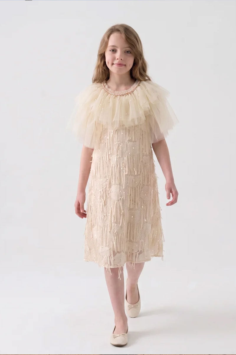 Girls Party Dress with Tulle Cape Elegant Ivory Sequin Style - Suviara Little