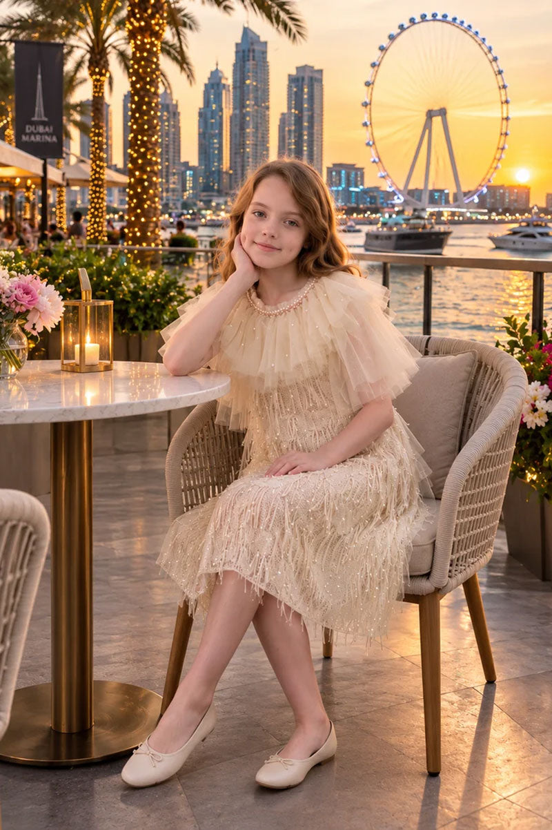 Girls Party Dress with Tulle Cape Elegant Ivory Sequin Style - Suviara Little