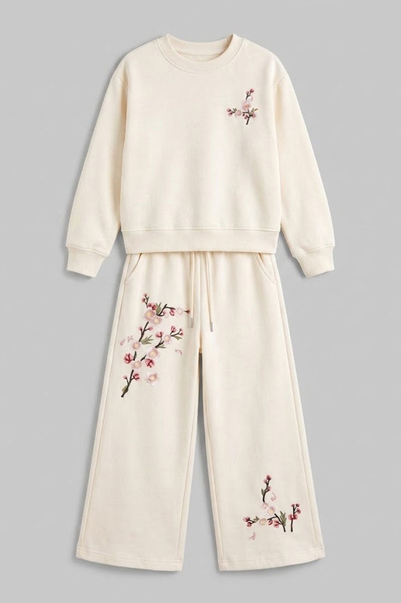Sakura Embroidery Flower Sweatshirt Wide-Leg Sweatpants - Suviara Little