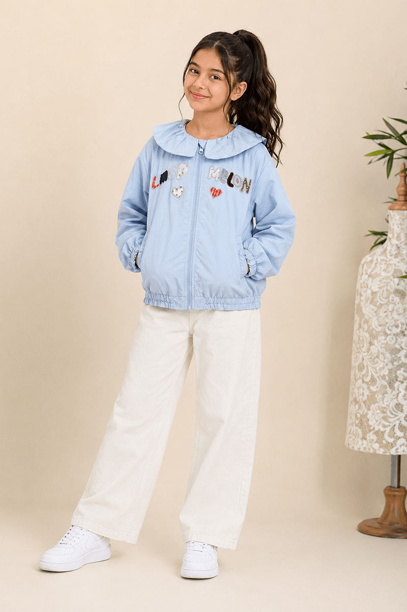 Embroidered Adorable Girls Ruffle Collar Cotton Zip Jacket - Suviara Little
