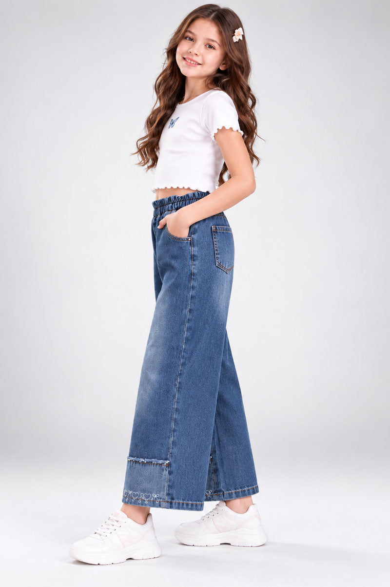 Girls Korean Style Embroidered Wide Leg Denim Jeans - Suviara Little - Photo 4