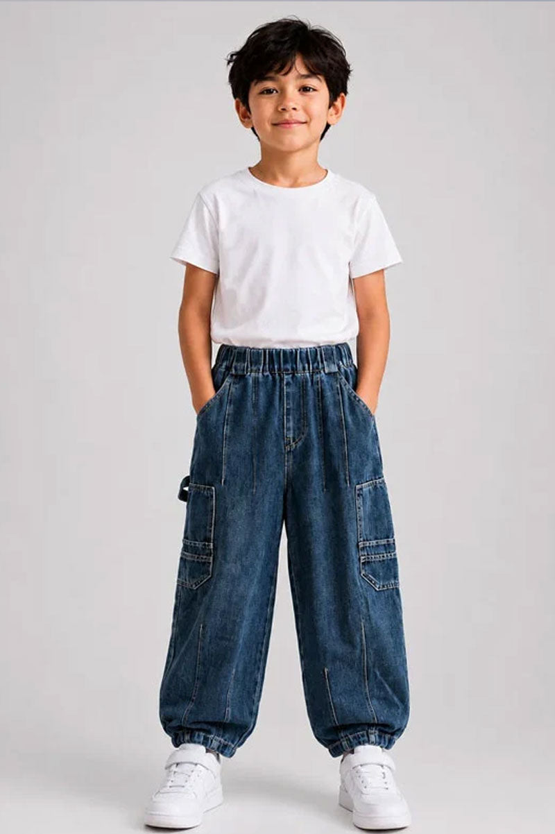 Multi-Pocket Wide-Leg Denim Cargo Jeans Pants for Kids - Suviara Little