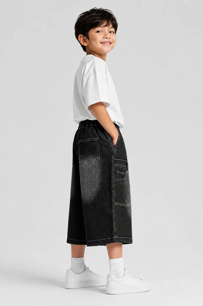 Multi-Pocket Wide-Leg Denim Cargo Shorts Black - Suviara Little