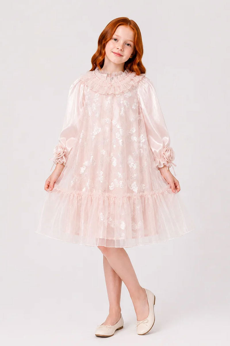 Ruffle Collar Pink Beau Mesh Floral Lace Party Dress - Suviara Little