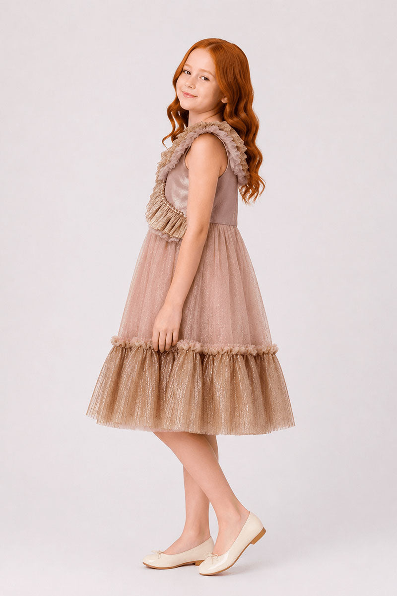 Girls Gold Bow Tulle Party Dress Pink - Suviara Little