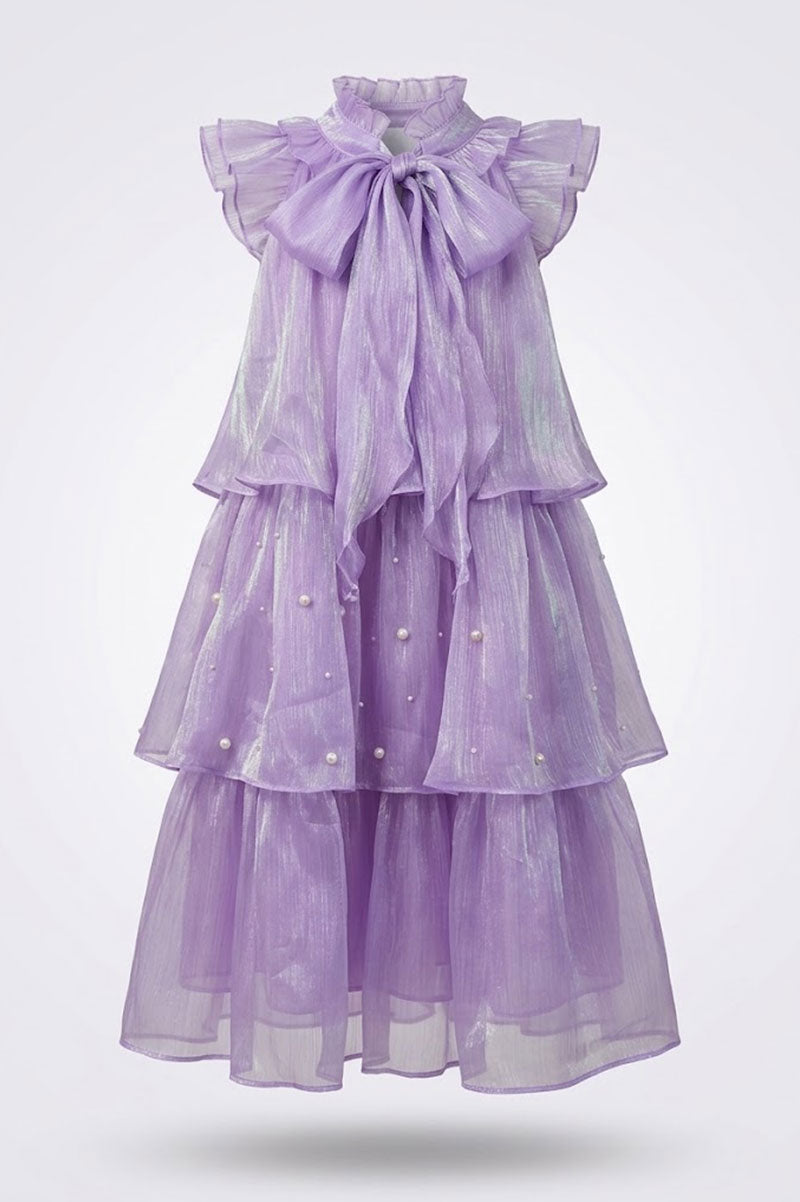 Lilac Layered Party Dress Sequins Bow Detail Short Sleeves - Suviara Little
