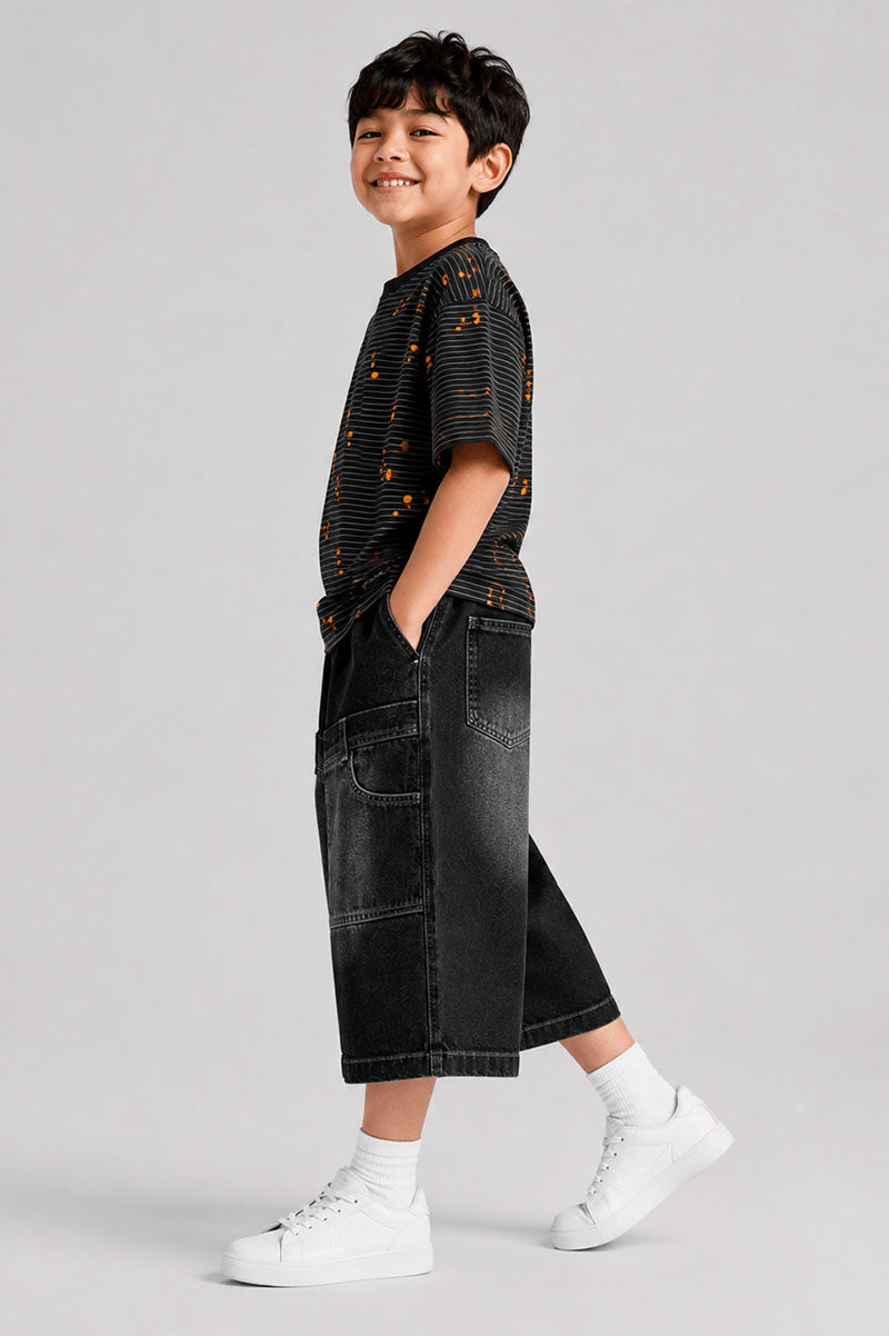 Micro-Stripe Crewneck Short Sleeve T-Shirt with Orange Splatter Pattern - Suviara Little - Photo 3