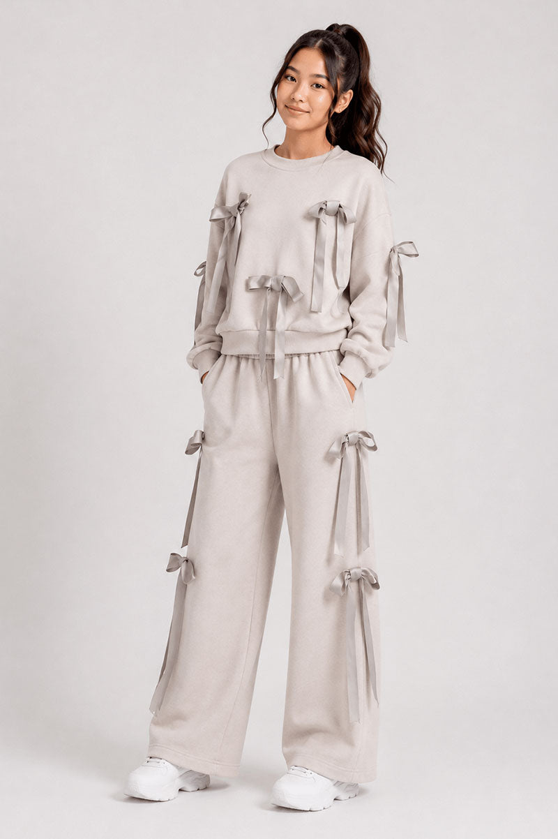 Bow Detail Striped Co-Ord Set Sweatshirt and Wide Pants - Suviara Little
