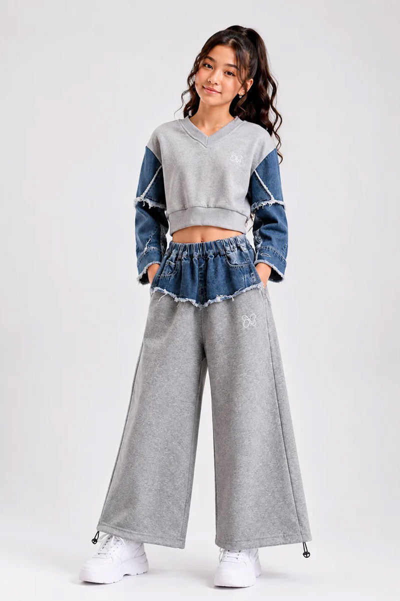 Patchwork Trendy Cropped Denim Sweatshirt Grey - Suviara Little
