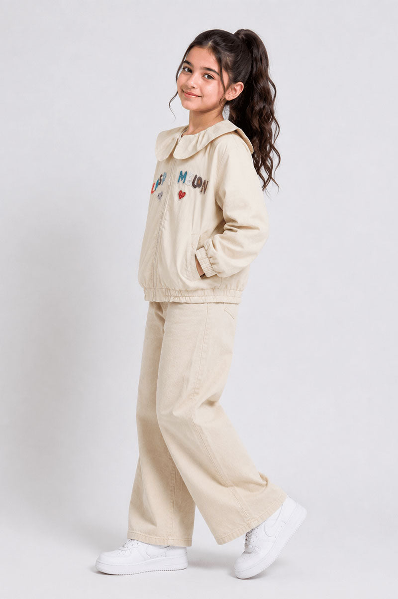 Embroidered Adorable Girls Ruffle Collar Cotton Zip Jacket - Suviara Little