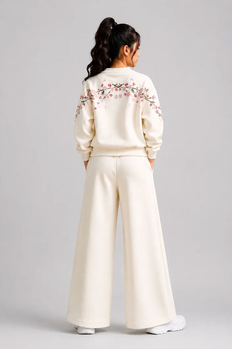 Sakura Embroidery Flower Sweatshirt Wide-Leg Sweatpants - Suviara Little