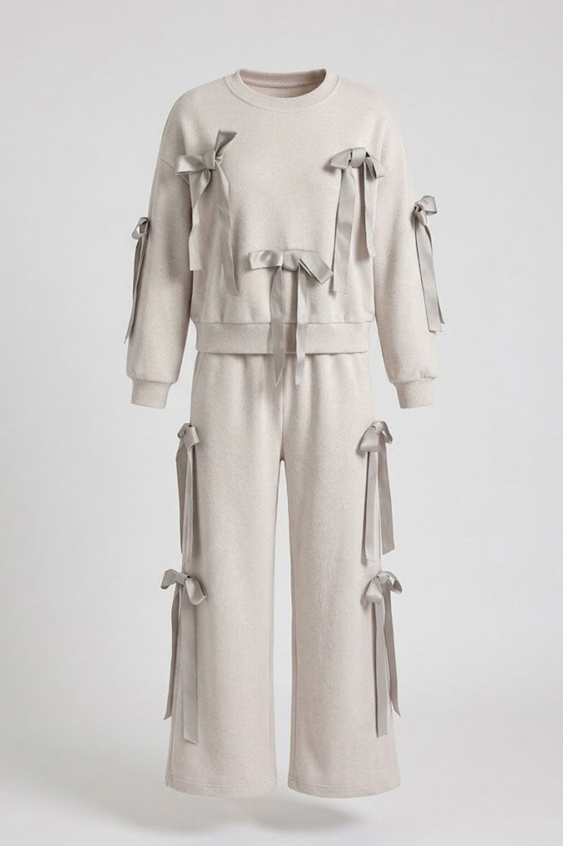 Bow Detail Striped Co-Ord Set Sweatshirt and Wide Pants - Suviara Little