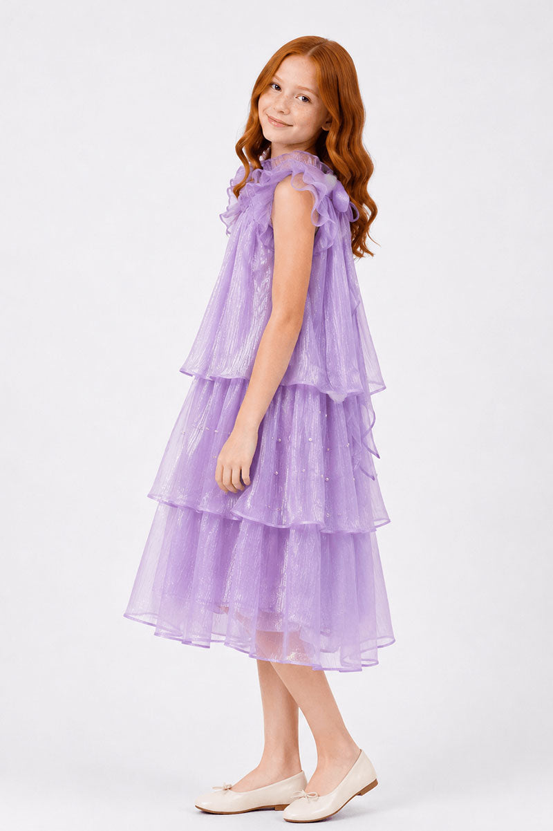 Lilac Layered Party Dress Sequins Bow Detail Short Sleeves - Suviara Little