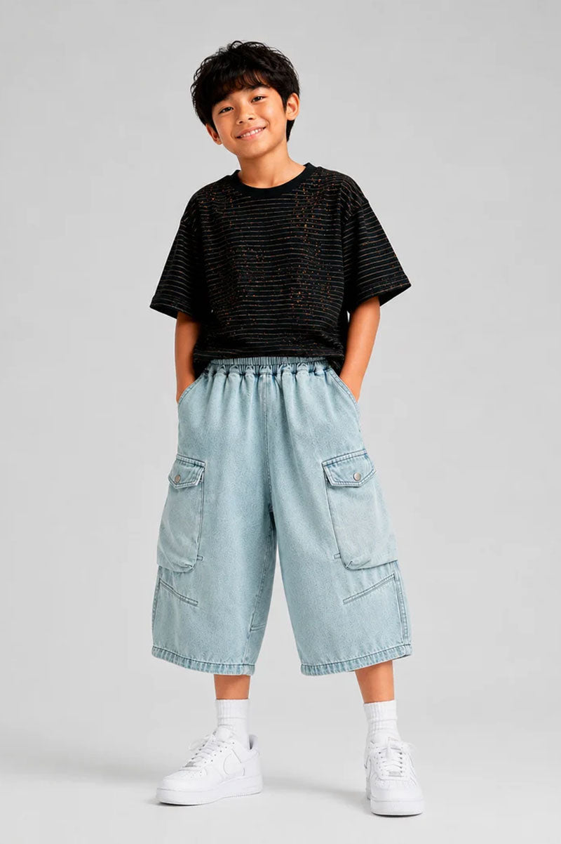 Unisex Baggy Loose Fit Denim Cargo Shorts Light Blue - Suviara Little