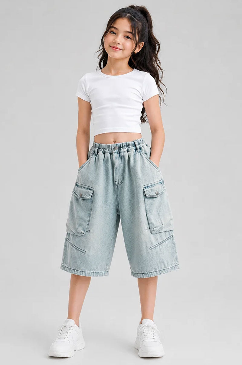 Unisex Baggy Loose Fit Denim Cargo Shorts Light Blue - Suviara Little