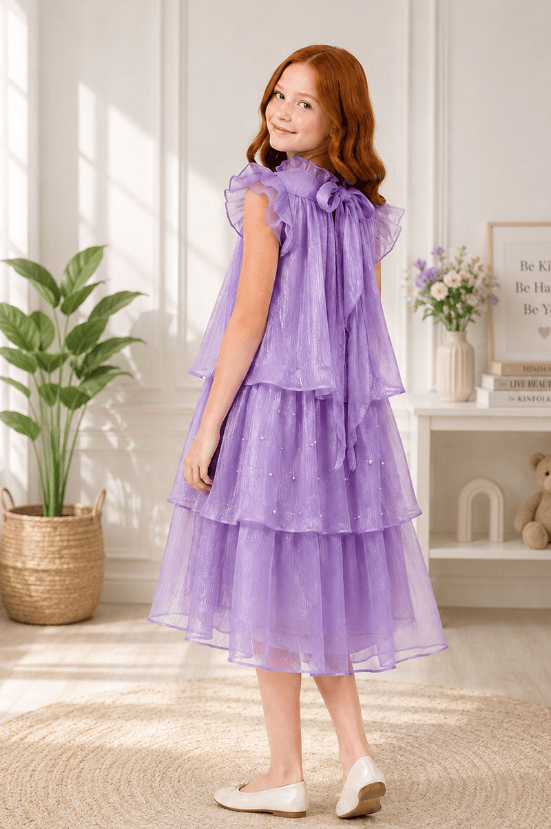 Lilac Layered Party Dress Sequins Bow Detail Short Sleeves - Suviara Little