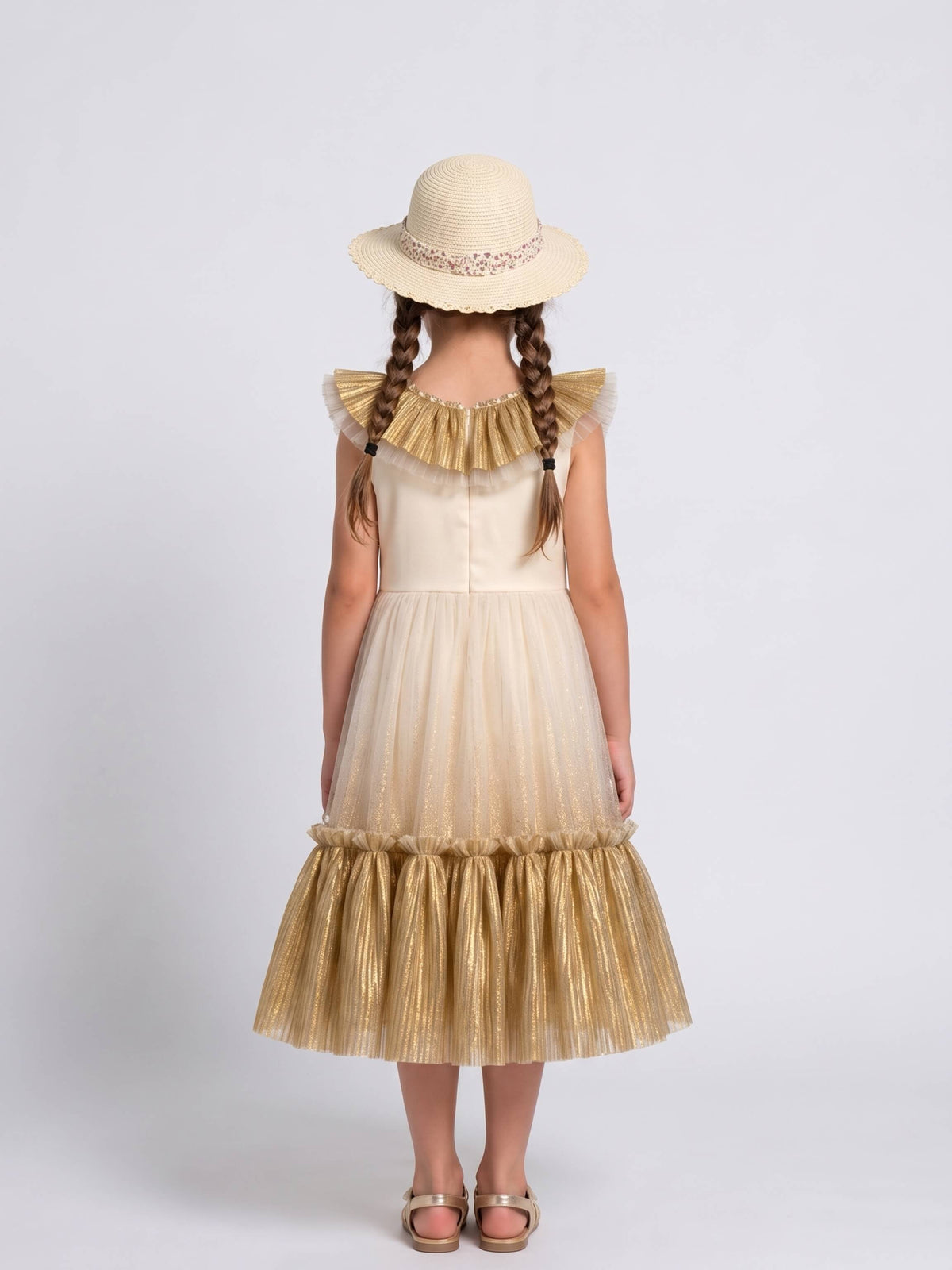 Girls Gold Bow Tulle Party Dress - Suviara Little - Photo 3