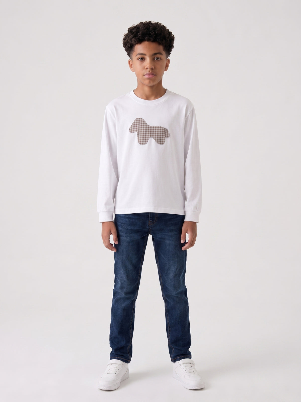 Boys' Long-Sleeve White T-Shirt -Gingham Patch