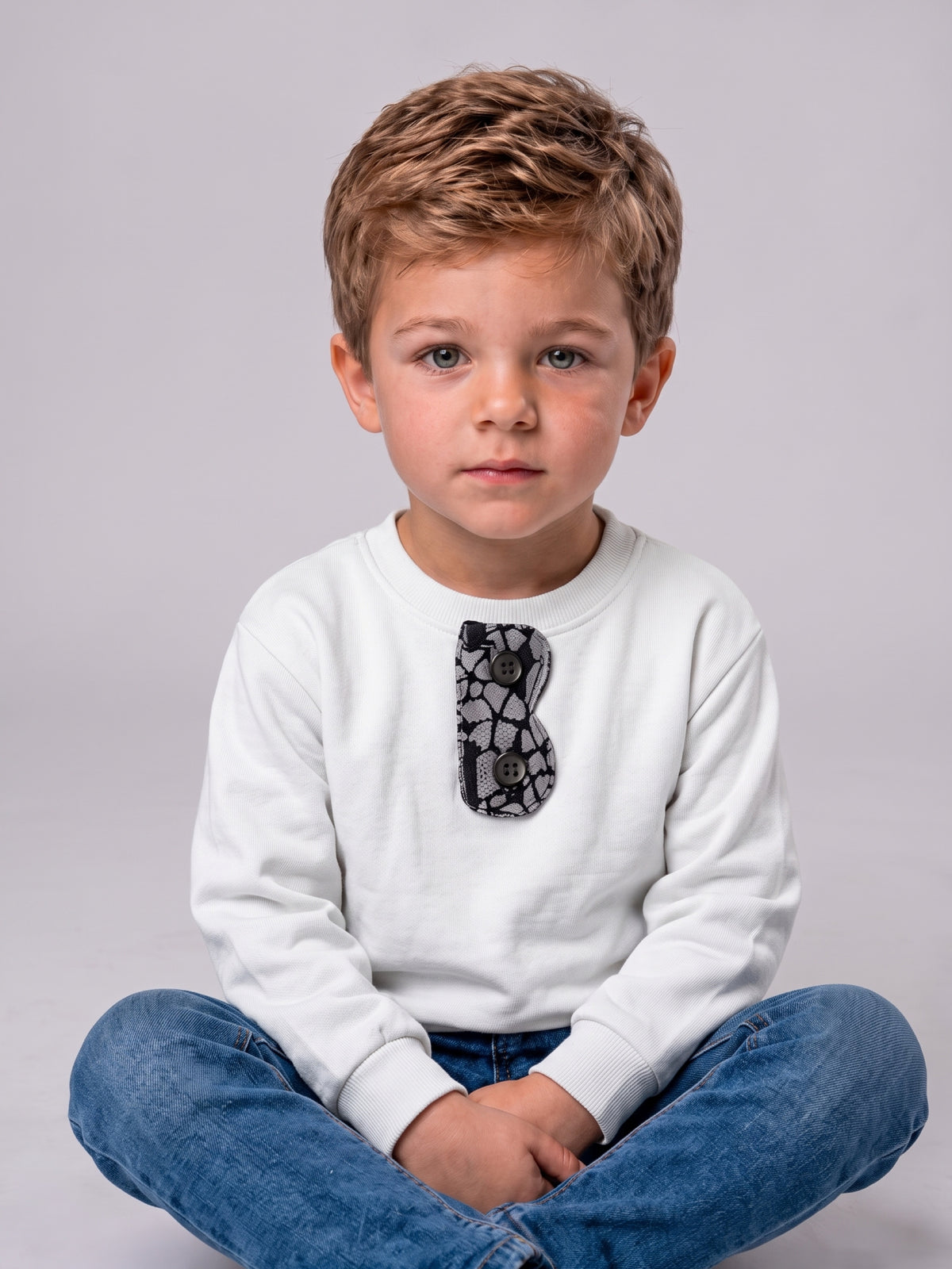 Kids Crewneck Sweatshirt with Textured Appliqué Placket