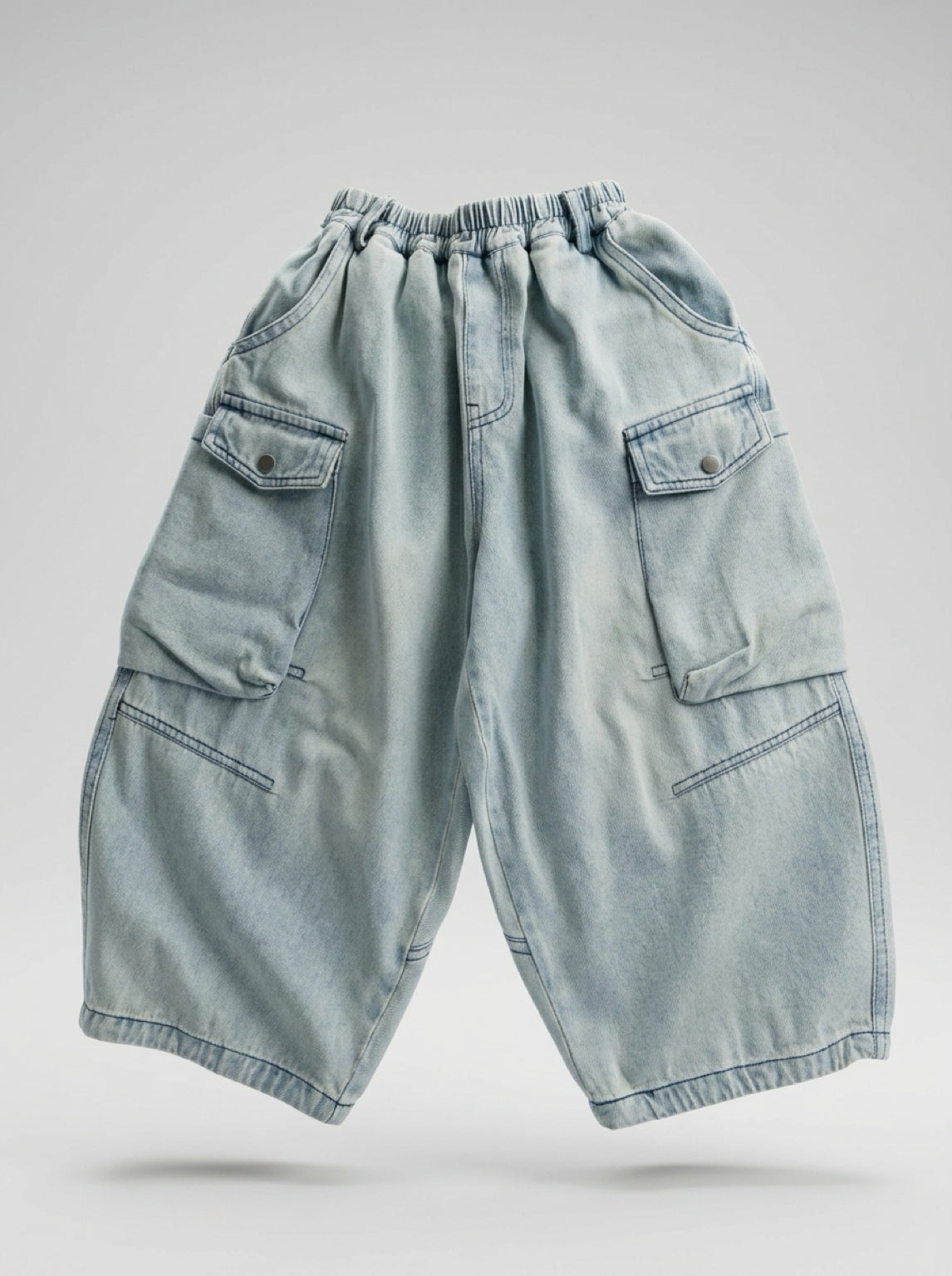 Unisex Baggy Loose Fit Denim Cargo Shorts Light Blue - Suviara Little - Photo 9