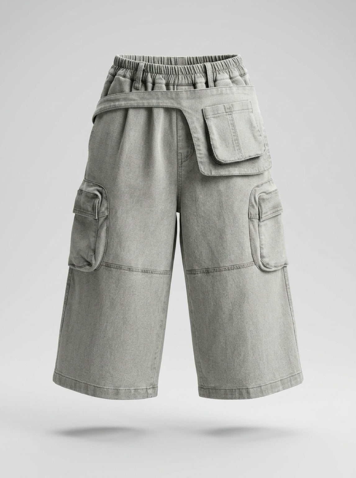 Multi-Pocket Wide-Leg Denim Cargo Shorts Light Grey - Suviara Little - Photo 7