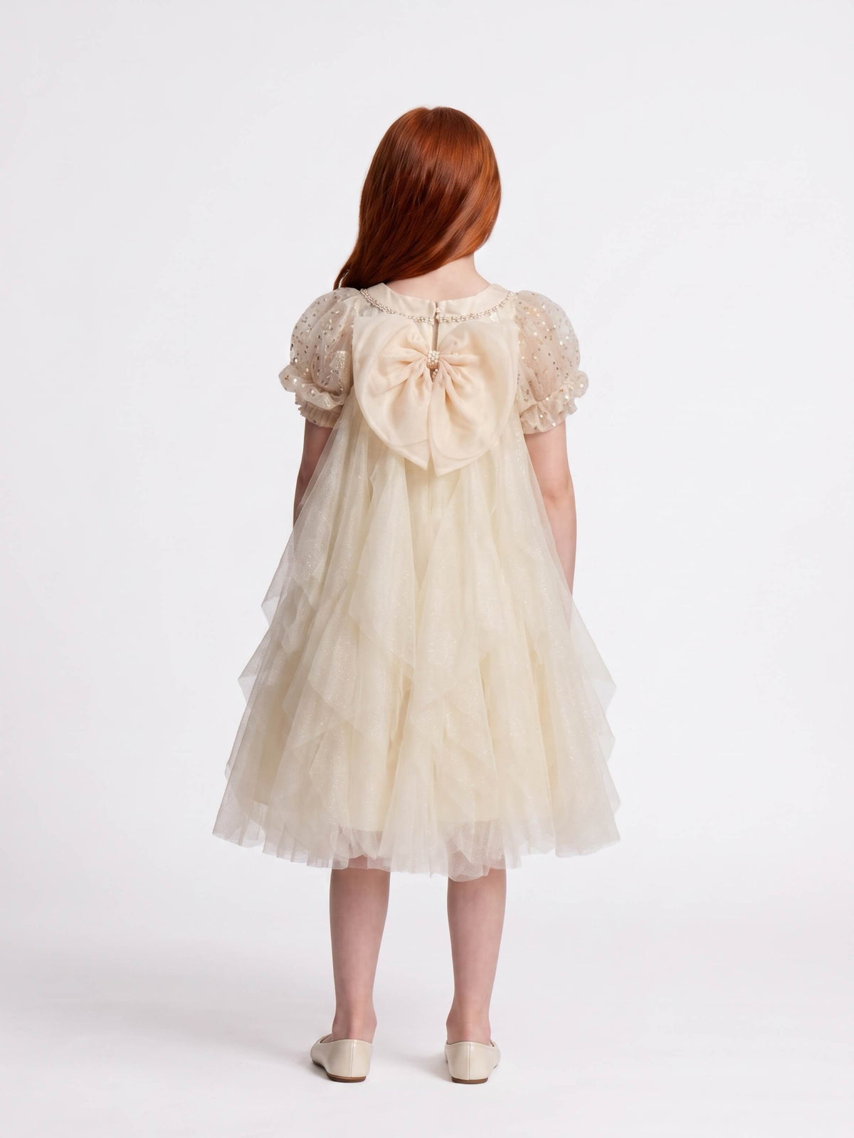 Girls Ivory Embellished Tulle Dress with Organza Bow - Suviara Little - Photo 4