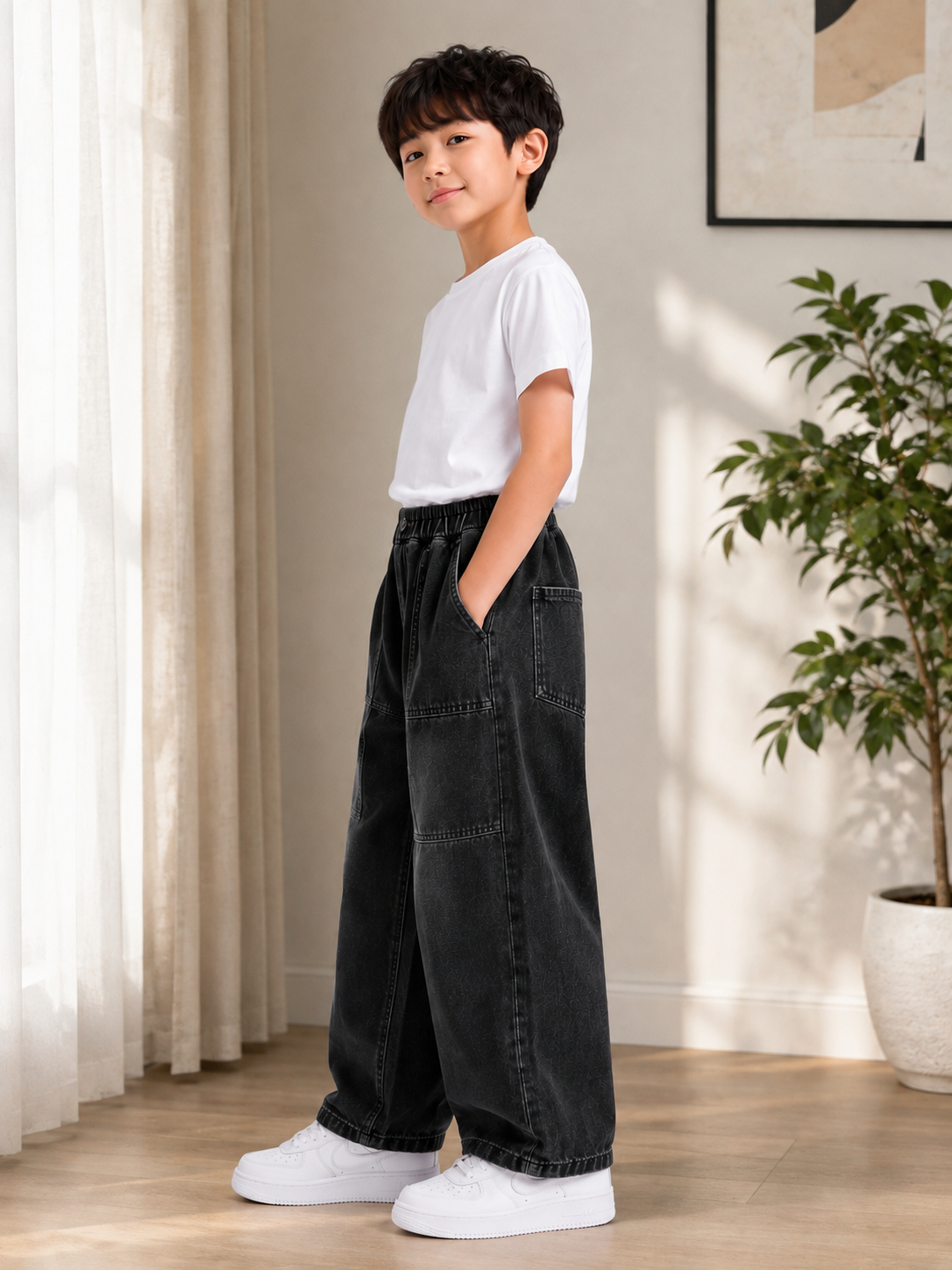 Multi-Pocket Wide-Leg Denim Cargo Jeans Pants for Kids