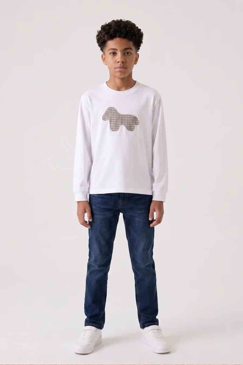Boys' Long-Sleeve White Gingham Patch T-Shirt - Suviara Little