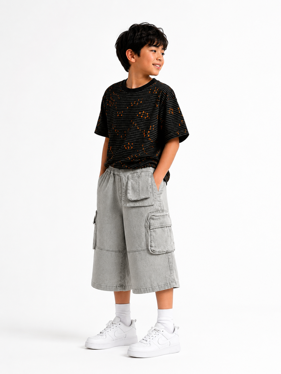 Multi-Pocket Wide-Leg Denim Cargo Shorts Light Grey
