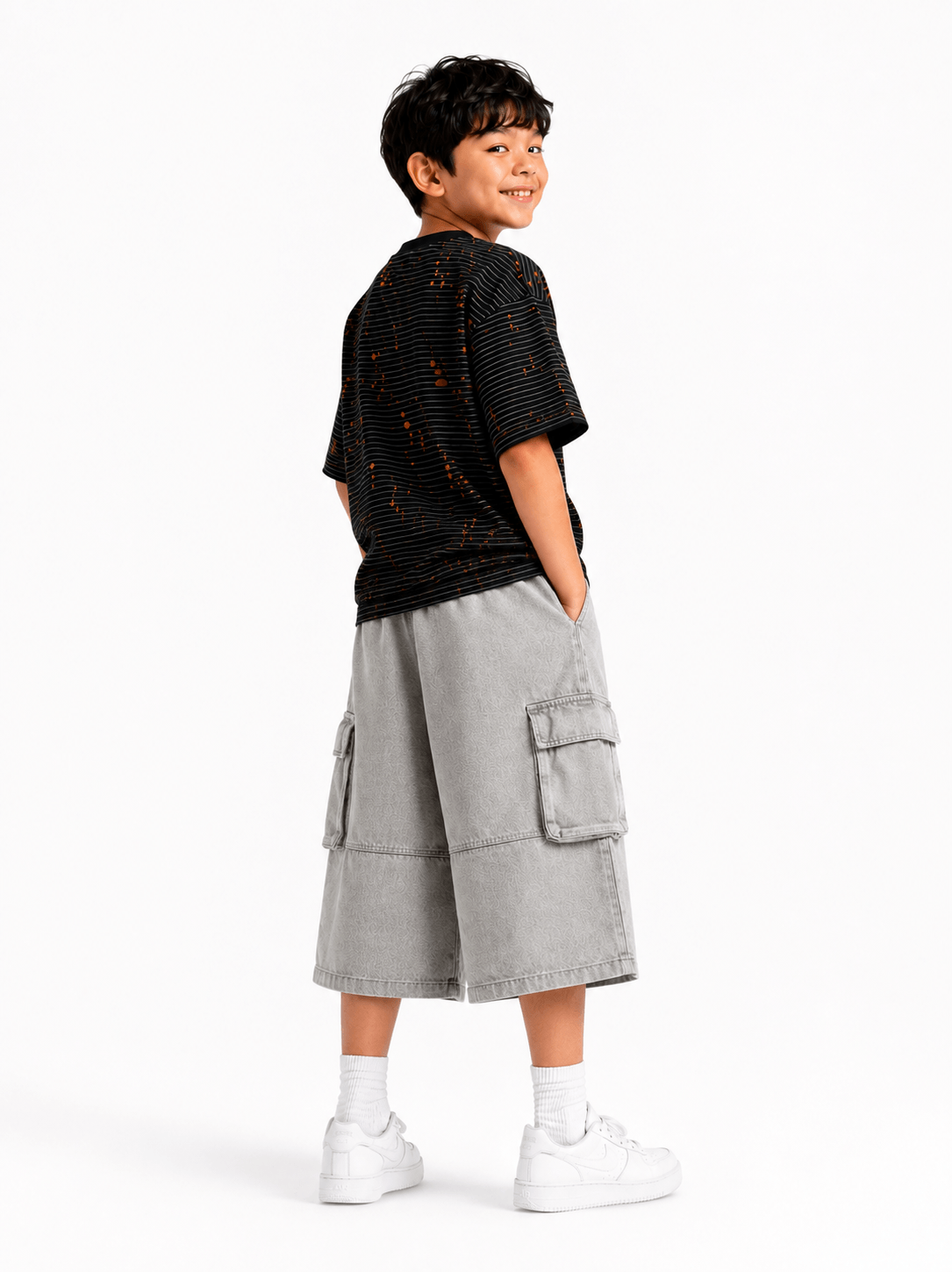 Multi-Pocket Wide-Leg Denim Cargo Shorts Light Grey - Suviara Little - Photo 5