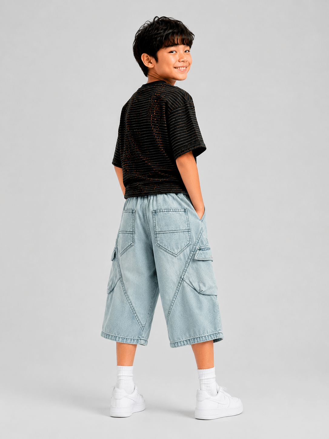 Unisex Baggy Loose Fit Denim Cargo Shorts Light Blue - Suviara Little - Photo 6