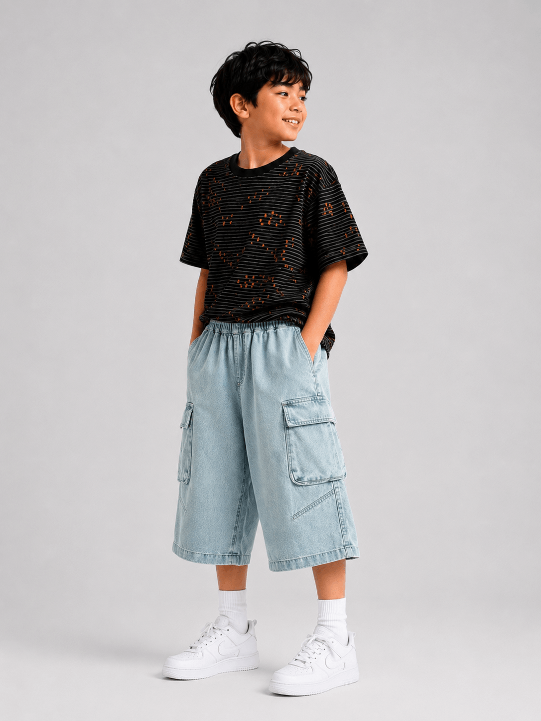Unisex Baggy Loose Fit Denim Cargo Shorts Light Blue - Suviara Little - Photo 3