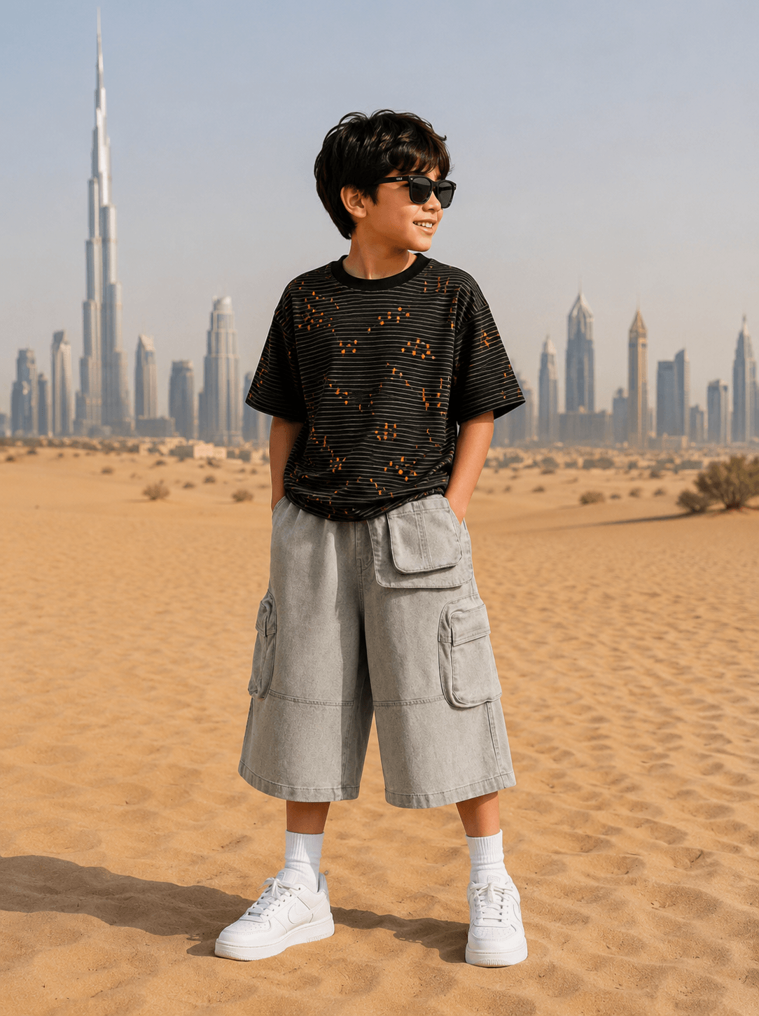 Multi-Pocket Wide-Leg Denim Cargo Shorts Light Grey - Suviara Little - Photo 3