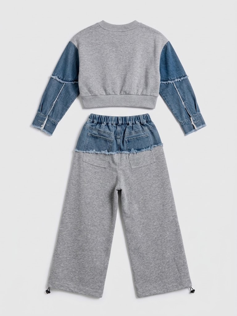 Patchwork Trendy Cropped Denim Sweatshirt Grey - Suviara Little